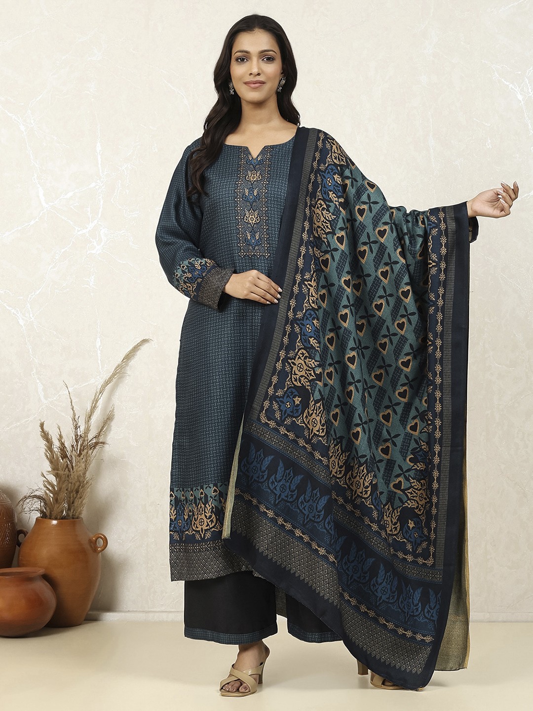 

Biba Geometric Printed Unstitched Dress Material, Blue