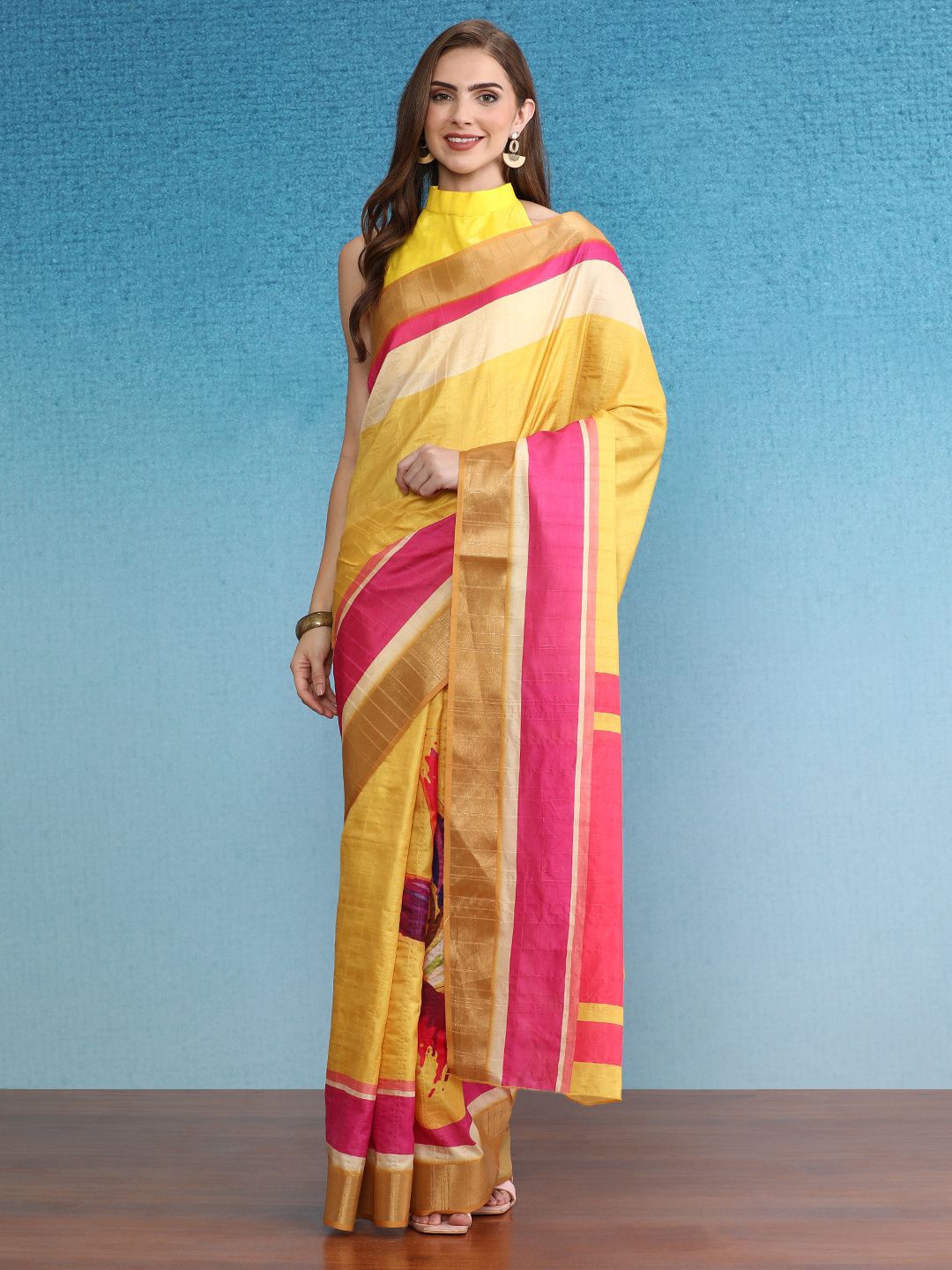 

DIVASTRI Colourblocked Zari Border Digital Printed Silk Saree, Mustard