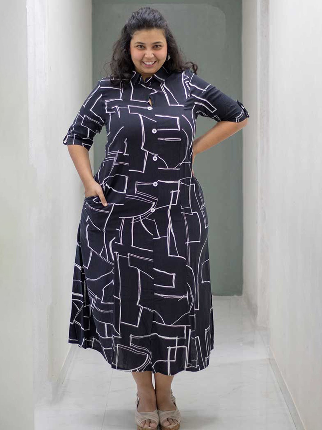 

Kmistry Print Shirt Midi Dress, Black