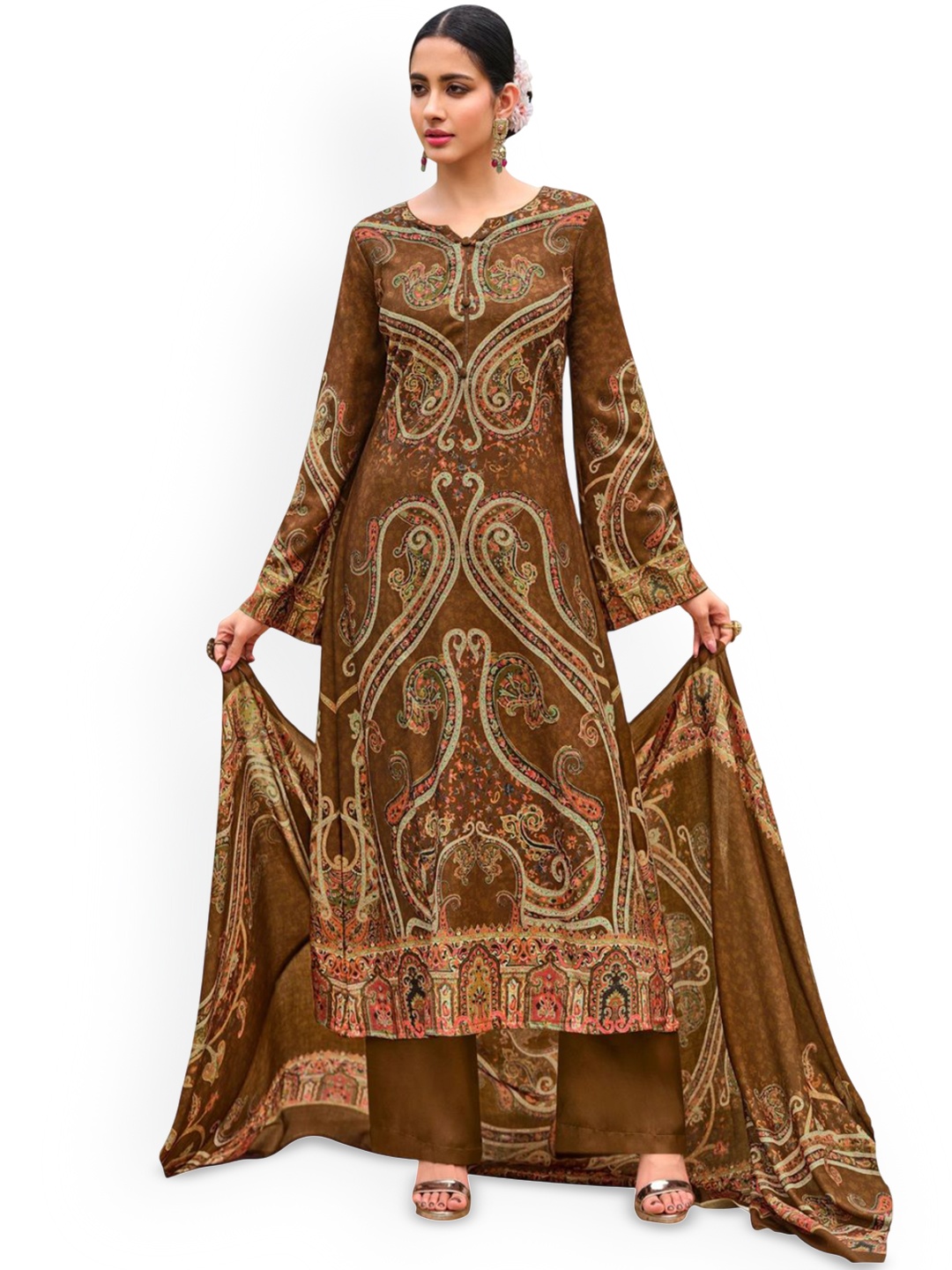 

DRAVINAM Trends Ethnic Motifs Printed Pashmina Unstitched Dress Material, Brown