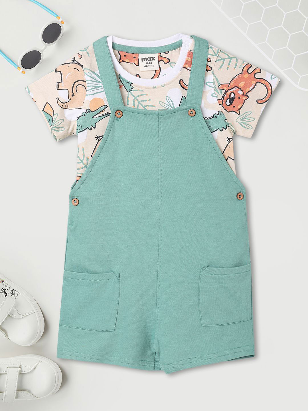 

max Boys Shoulder Straps Cotton Dungaree With T-Shirt, Blue