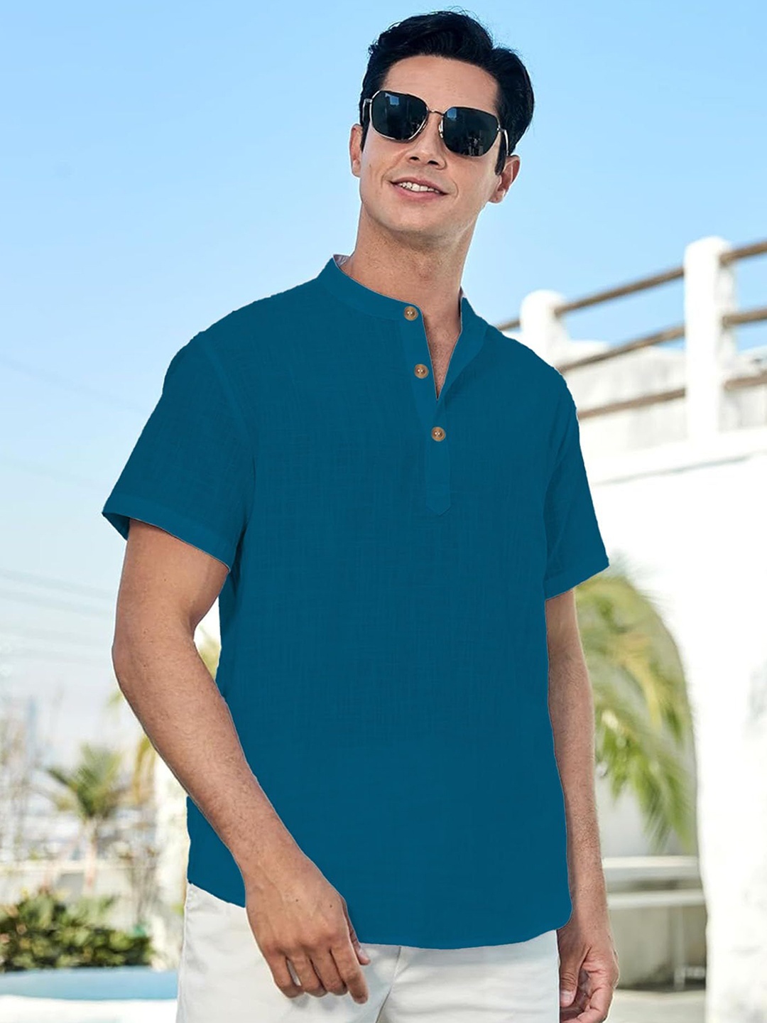 

Vida Loca Cotton Band Collar Slim Fit Short Kurta, Blue