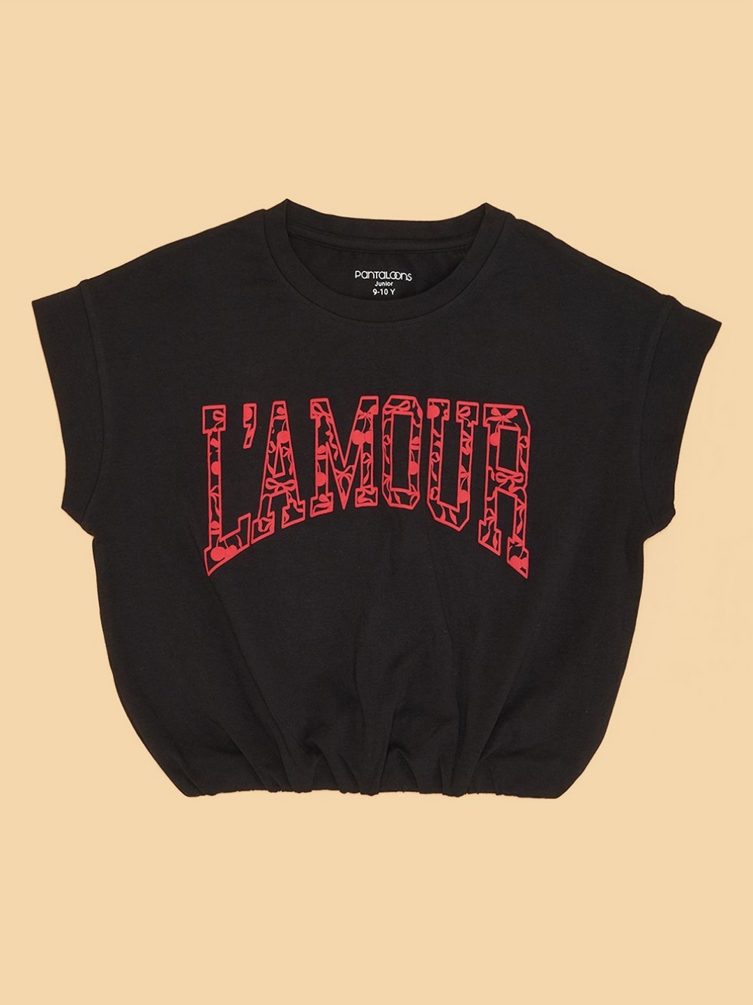 

Pantaloons Junior Girls Typography Printed Round Neck Cotton T-shirt, Black