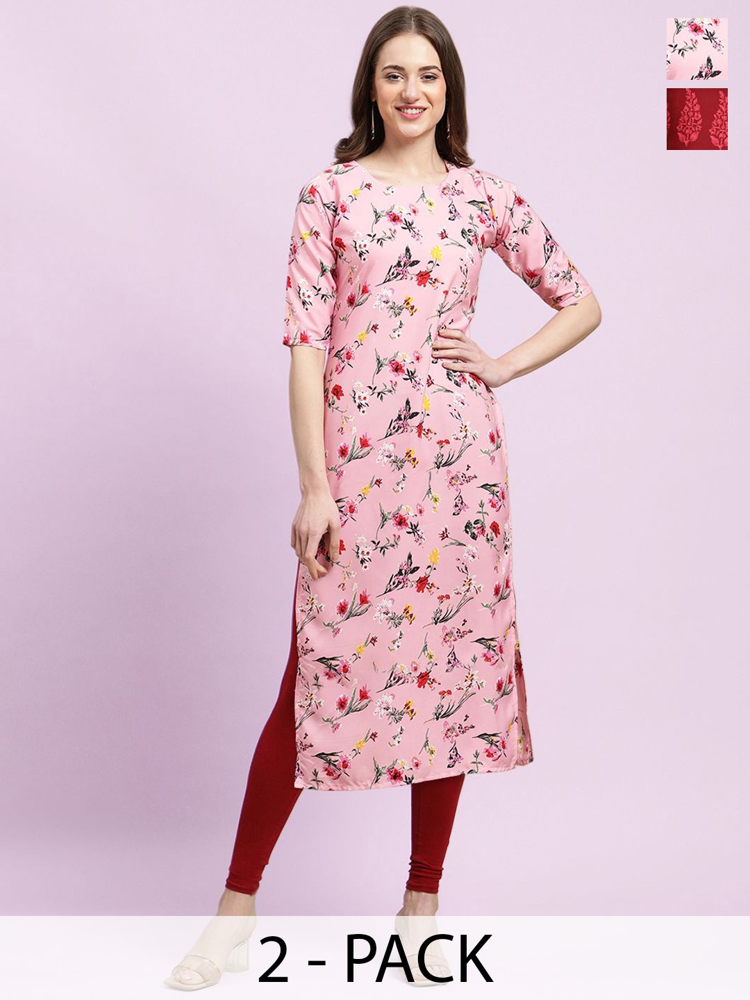 

Moda Rapido Pink & Maroon Selection of 2 Floral Printed Straight Kurtas