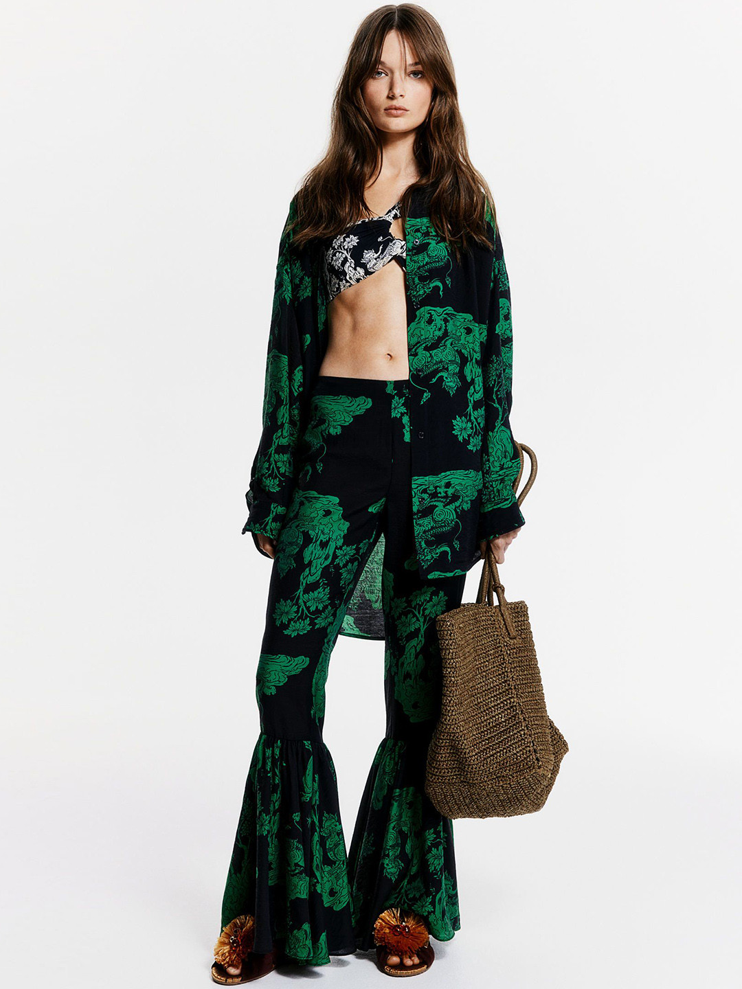 

H&M Patterned Frill-Trimmed Trousers, Black