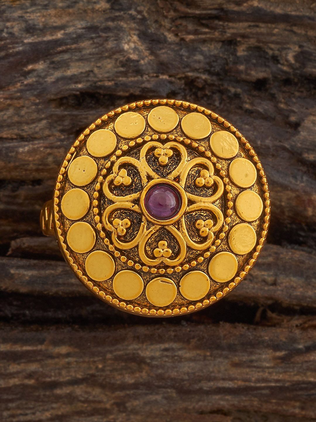 

Kushal's Fashion Jewellery Ruby Gold-Plated Stone-Studded Adjustable Antique Finger Ring