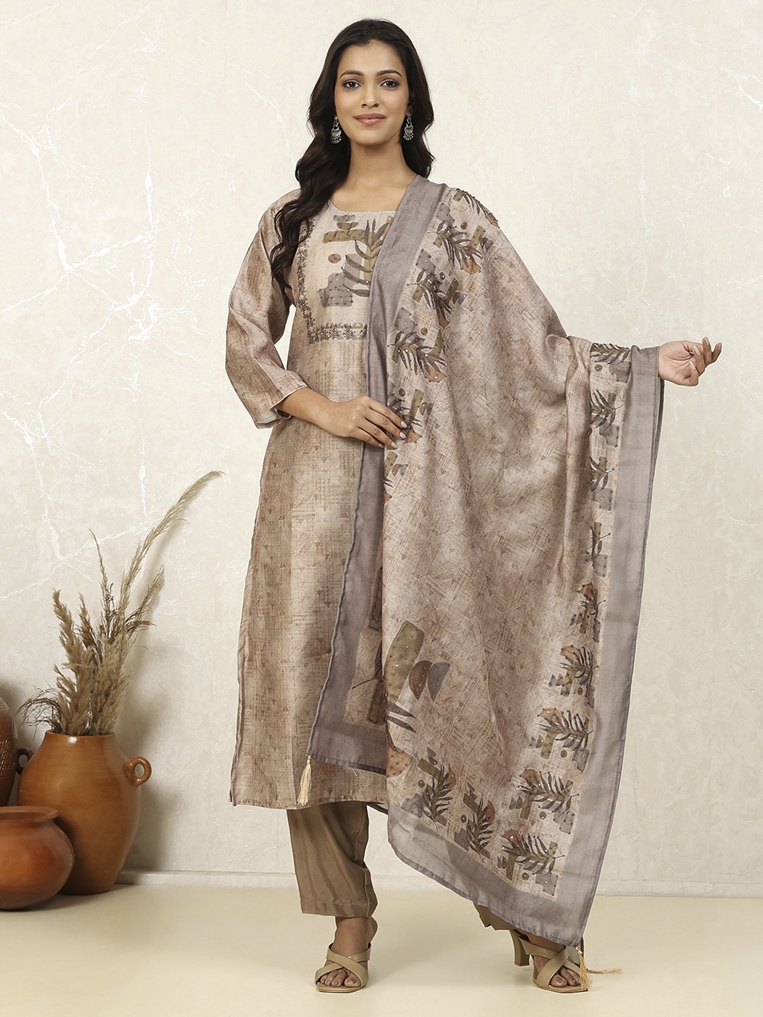 

Biba Abstract Printed Sequence Unstitched Dress Material, Grey