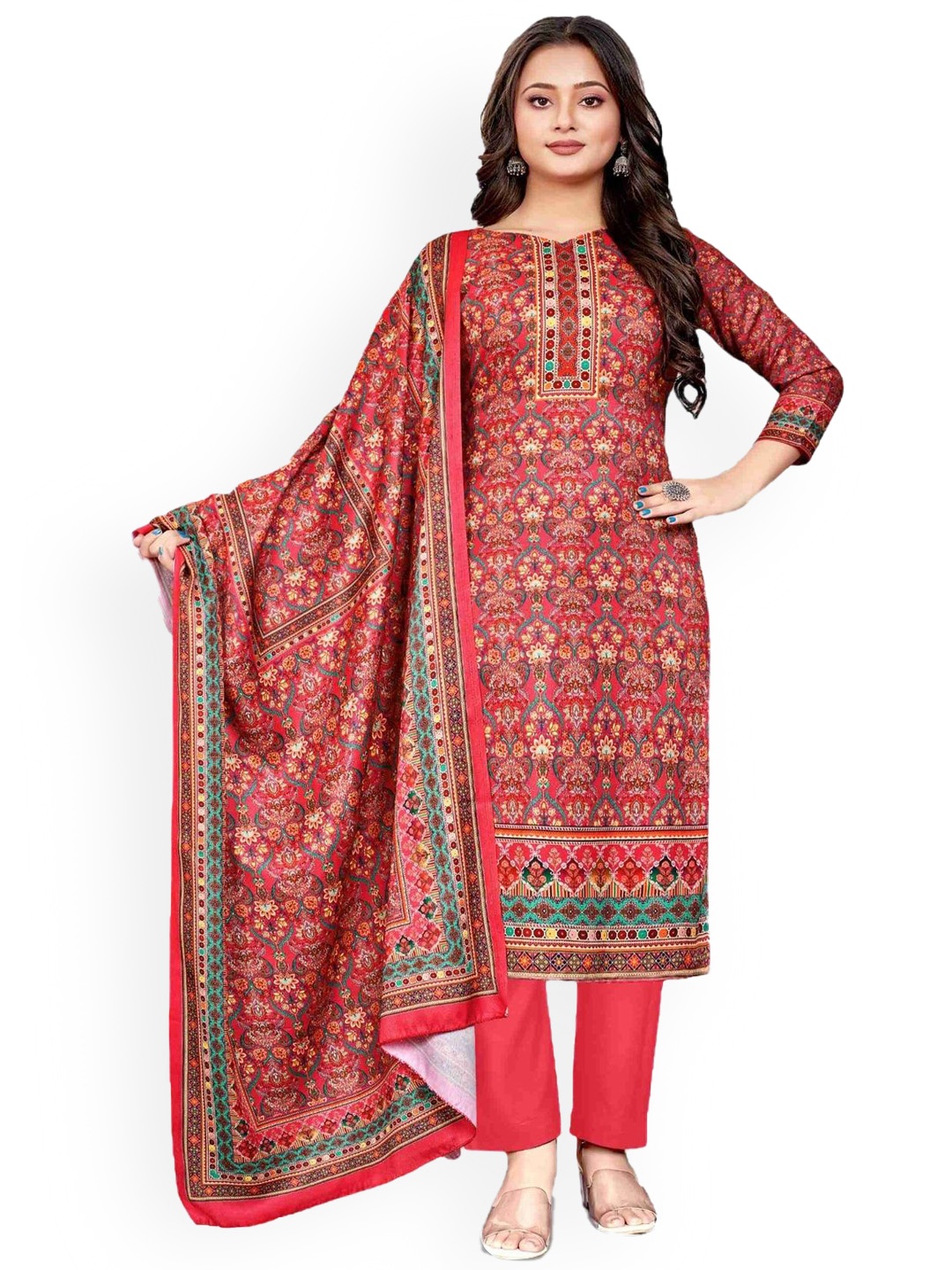 

DRAVINAM Trends Floral Printed Pashmina Unstitched Dress Material, Orange