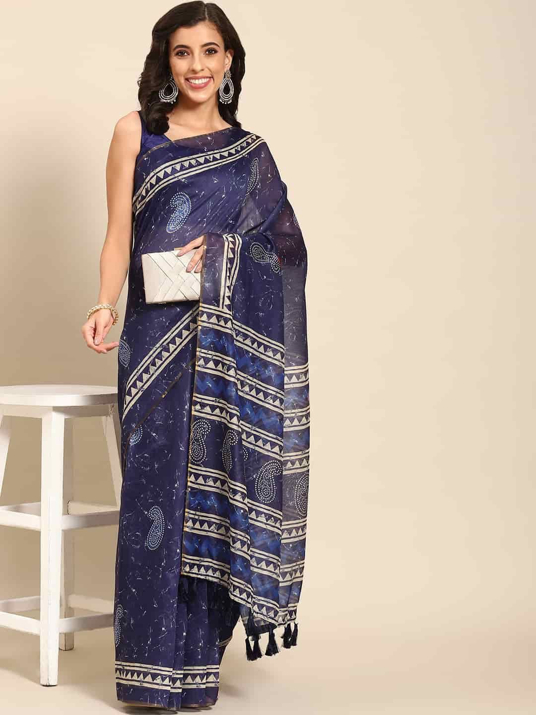 

DIVASTRI Digital Printed Kalamkari Chanderi Cotton Saree With Tassels, Blue