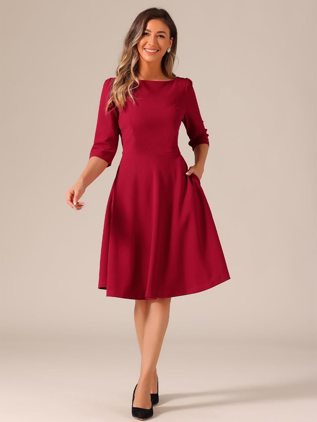 

C4D Puff Sleeve Fit & Flare Midi Dress, Red