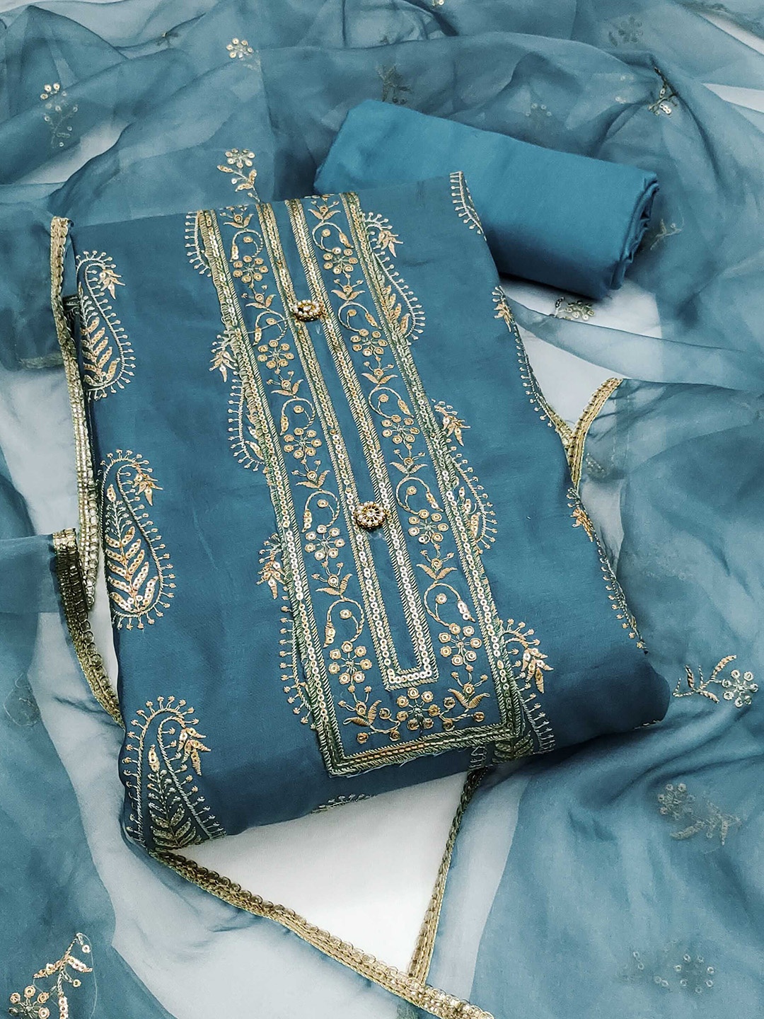 

KALINI Embroidered Pure Cotton Unstitched Dress Material, Blue