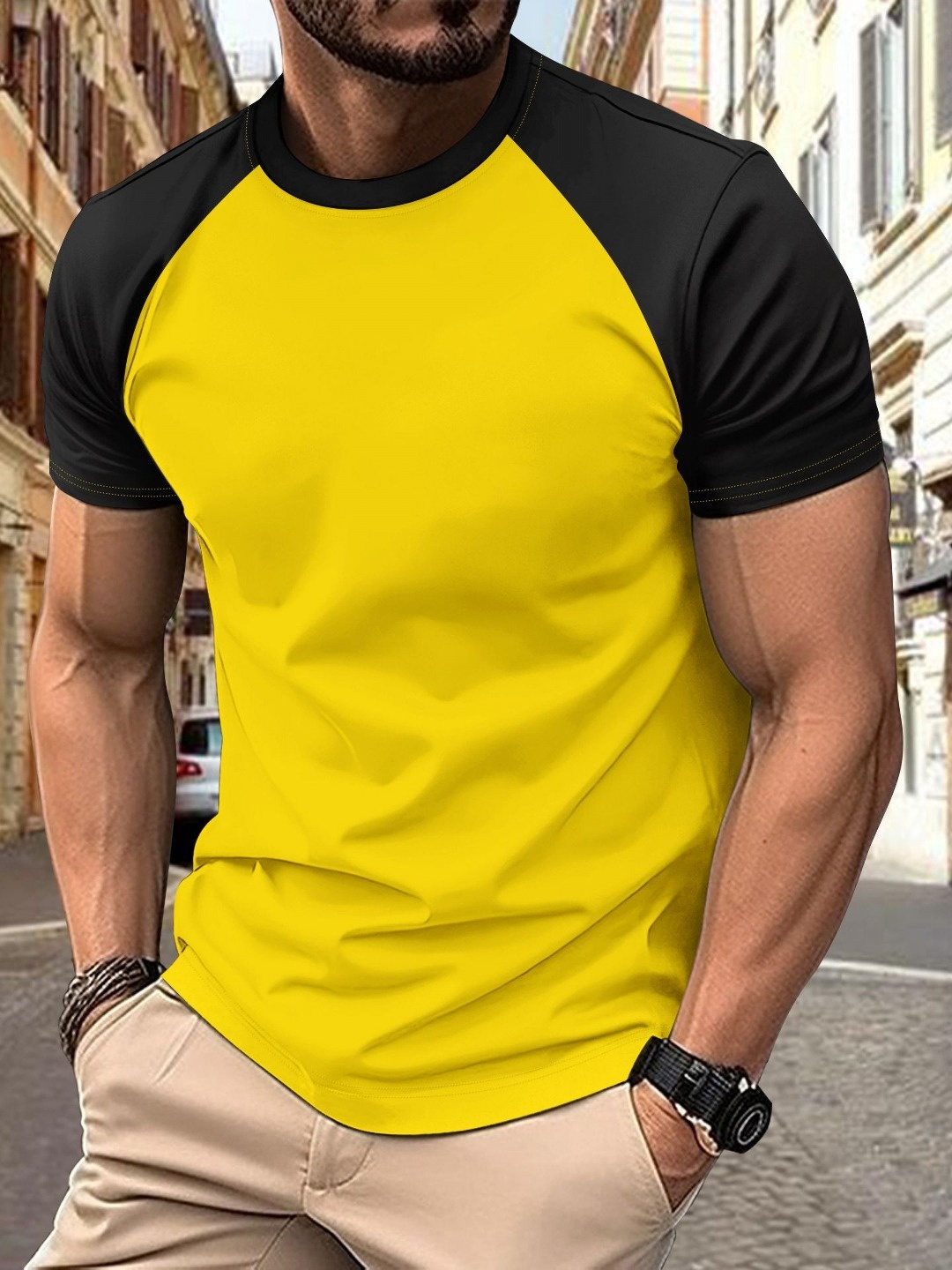 

StyleCast x Revolte Men Striped Raw Edge T-shirt, Yellow