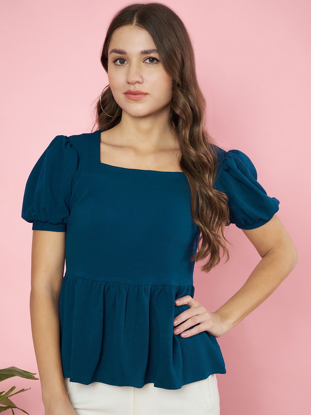 

Fbella Puff Sleeve Peplum Top, Teal