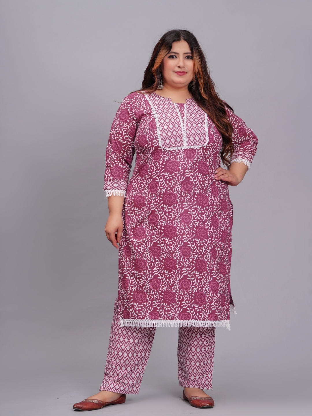 

KALINI Plus Size Floral Printed Thread Work Straight Kurta With Trouser, Pink