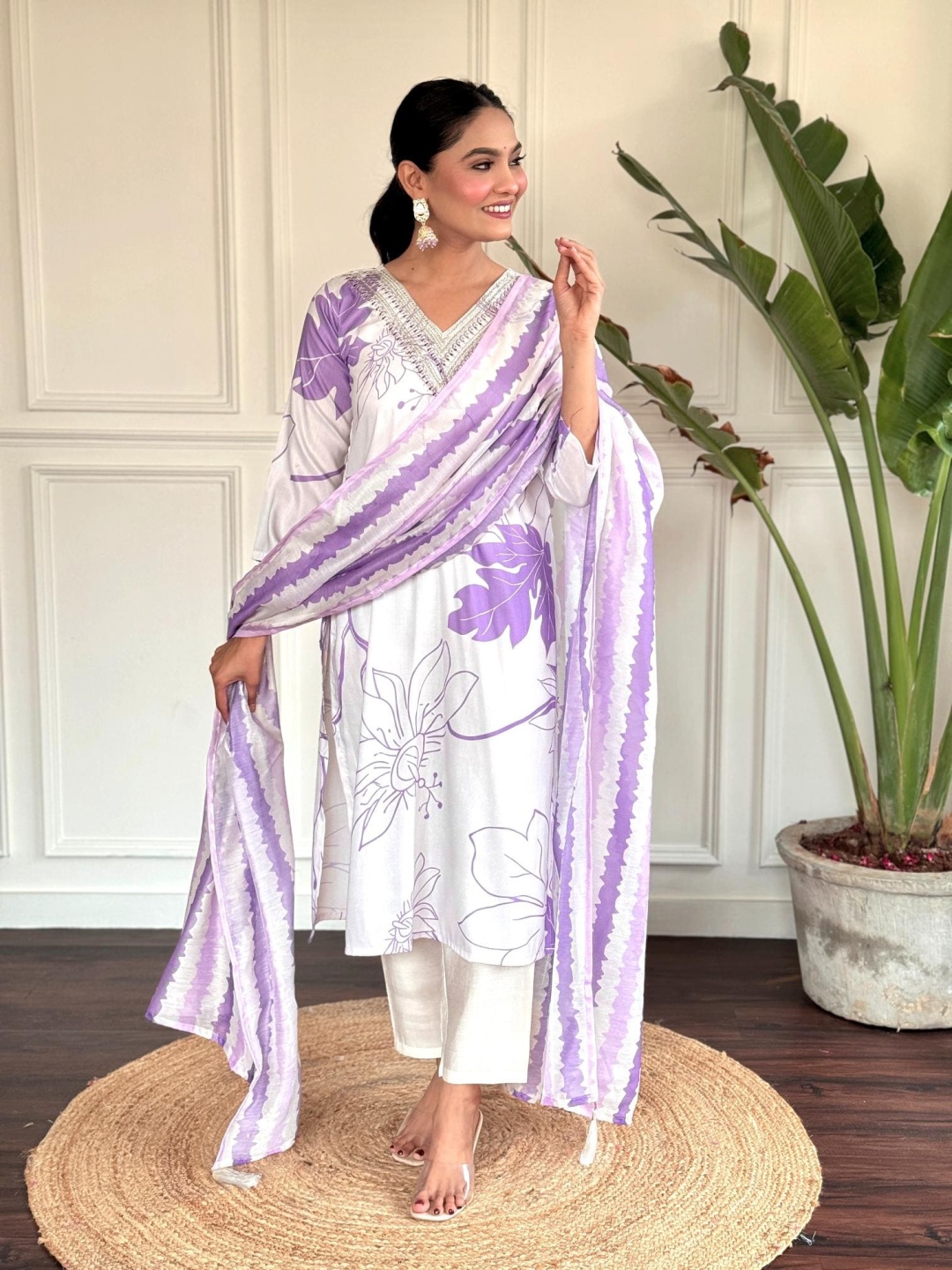 

Moda Rapido Floral Printed V Neck Kurta with Trousers & Dupatta, White