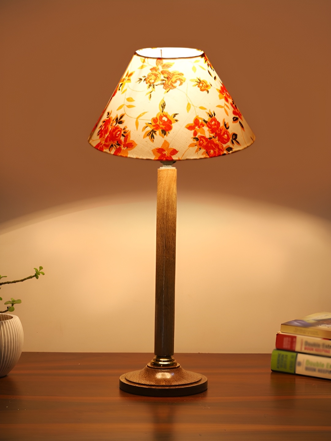 

Devansh White and Brown Floral Printed Wooden Frusturical Shaped Table Lamp
