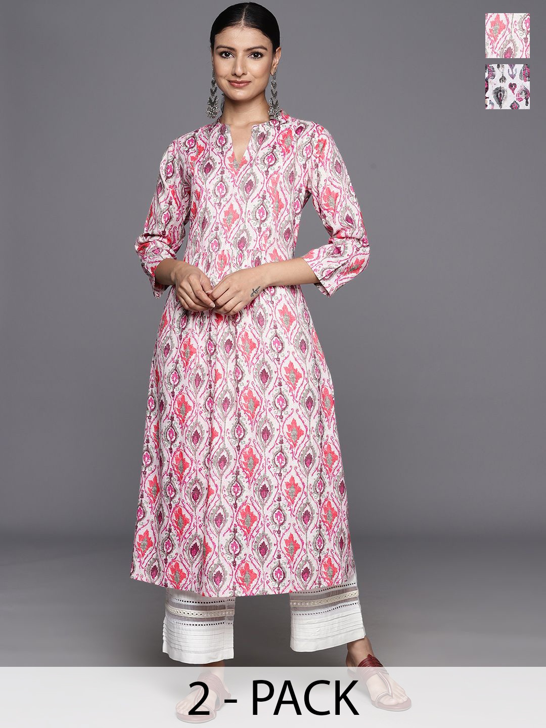 

Varanga Selection Of 2 Ethnic Motifs Printed Mandarin Collar A-Line Kurtas, Pink