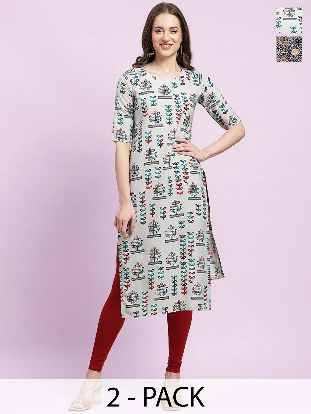 

Moda Rapido Grey & Navy Blue Selection Of 2 Ethnic Motifs Printed Straight Kurtas