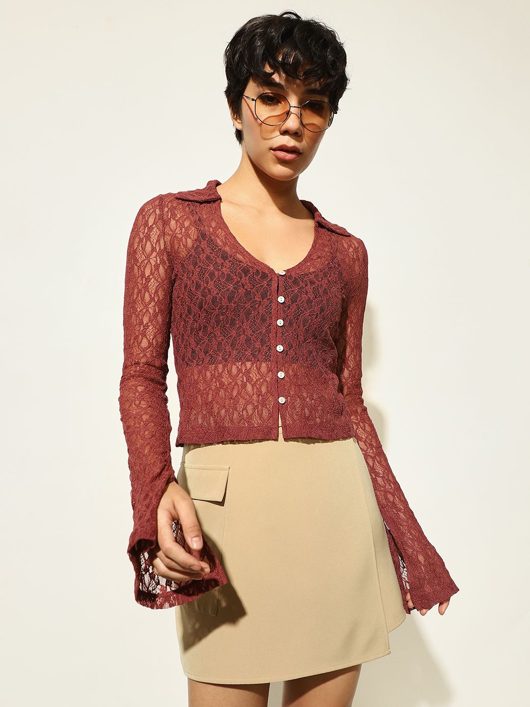 

ONLY Lace Shirt Style Crop Top, Brown