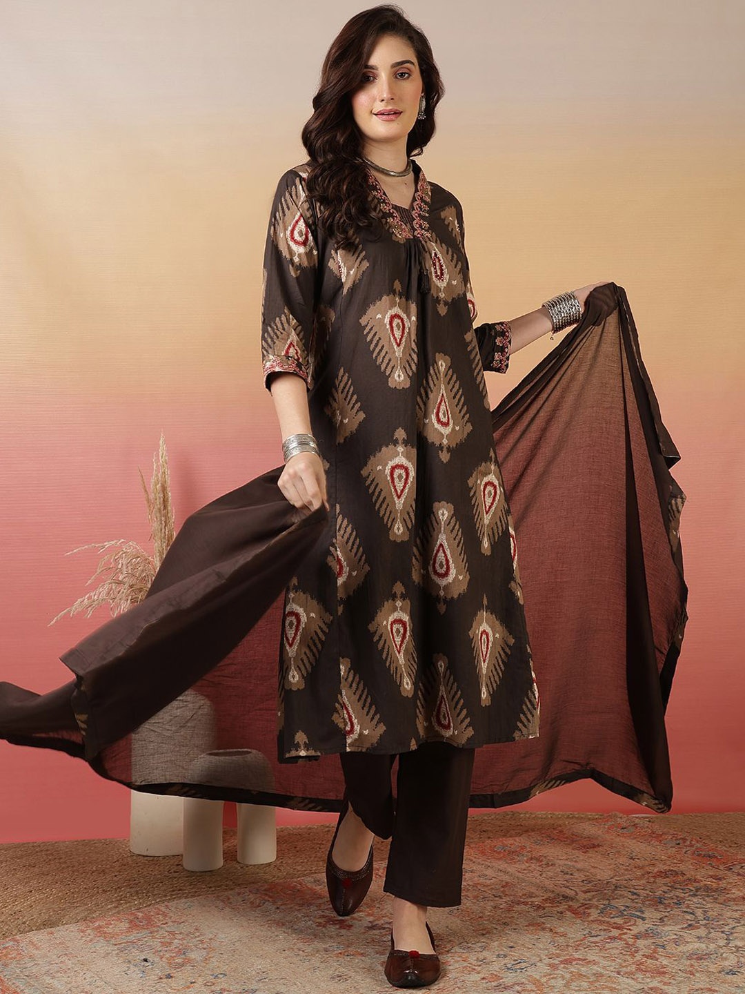 

Sangria Printed Embroidered Pure Cotton Kurta With Trouser & Dupatta, Brown