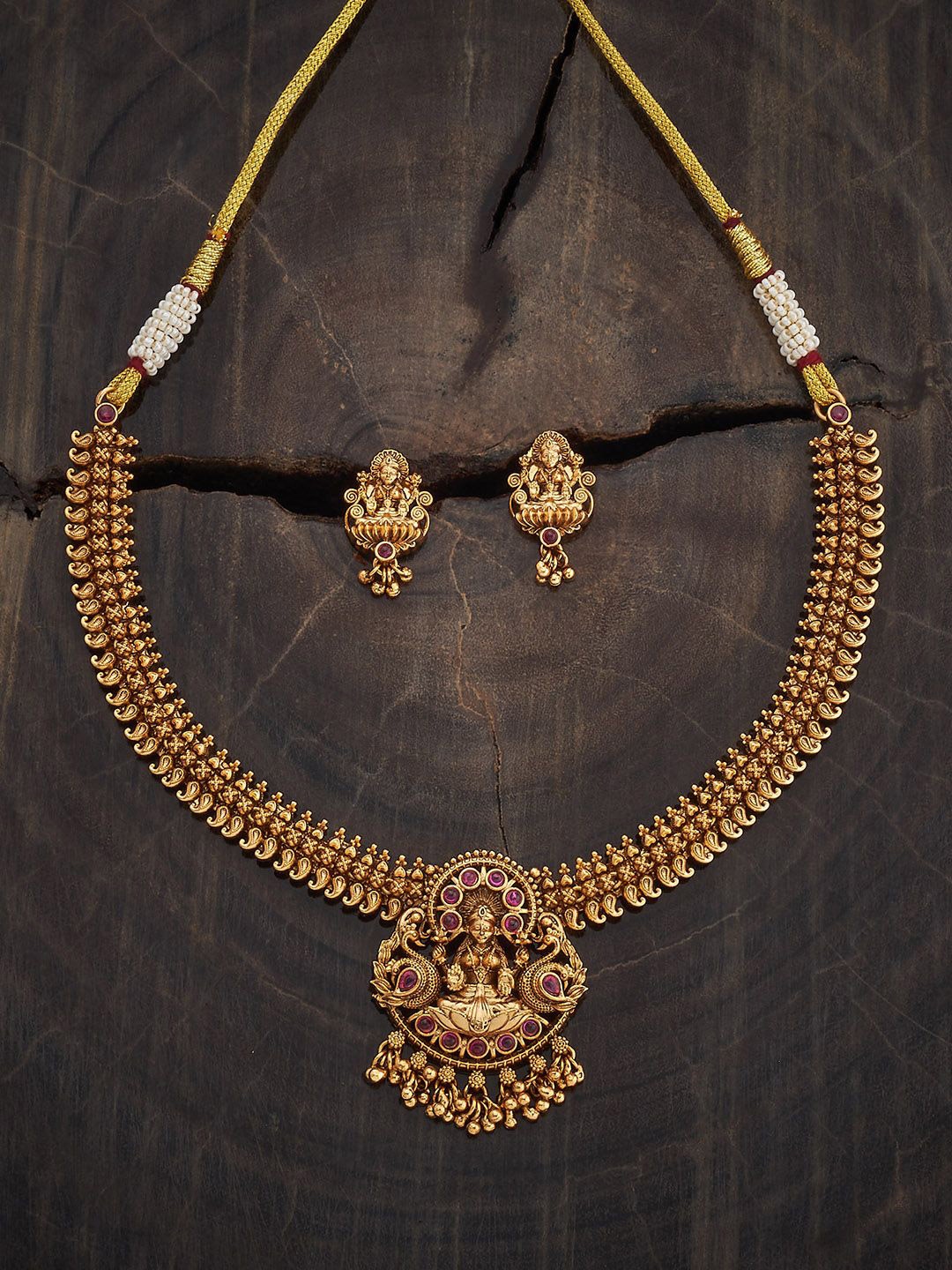 

Kushal's Fashion Jewellery Copper Ruby-Green Gold-Plated Antique Necklace