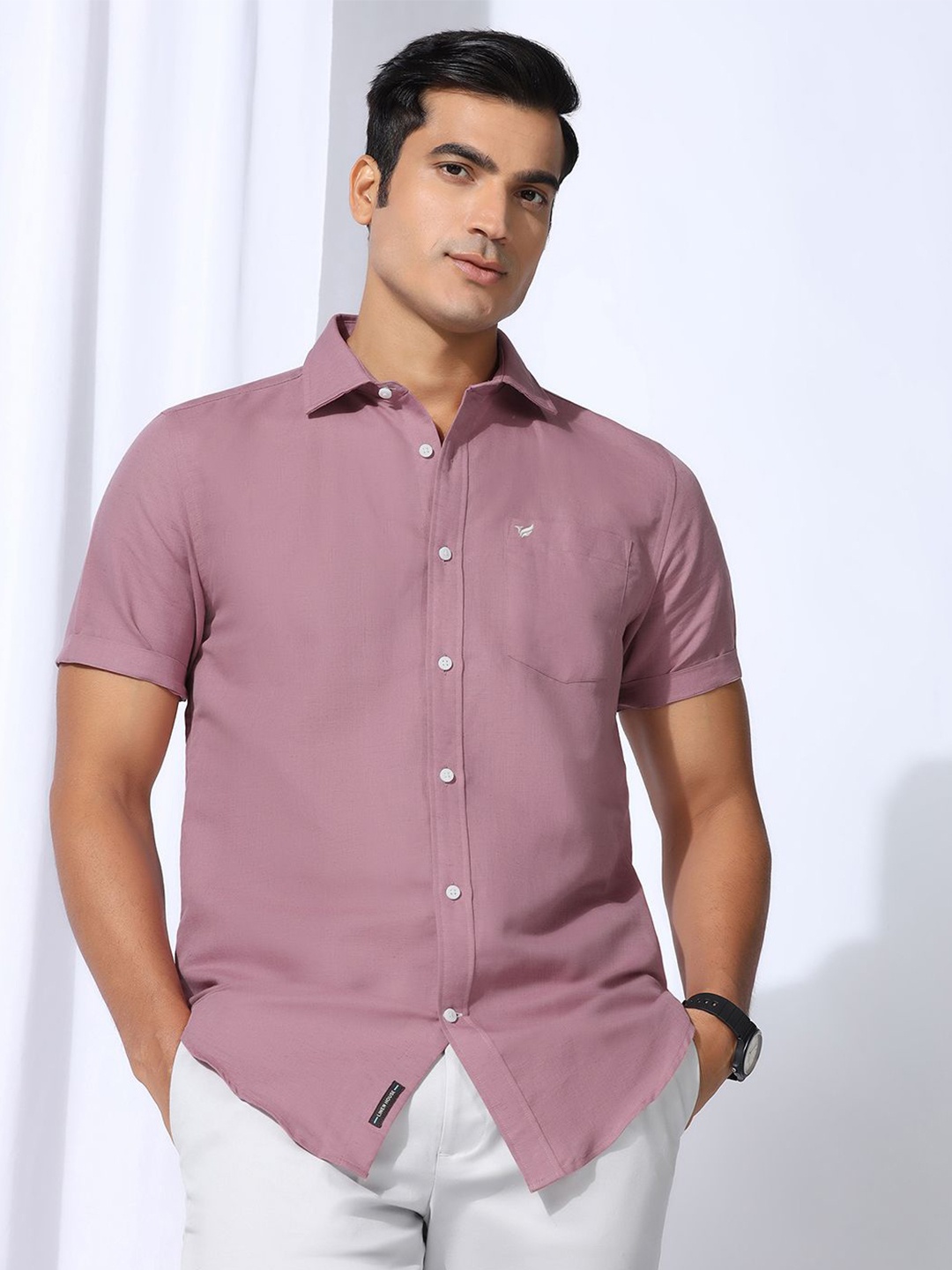 

Blackberrys Men India Slim Fit Spread Collar Solid Linen Casual Shirt, Pink