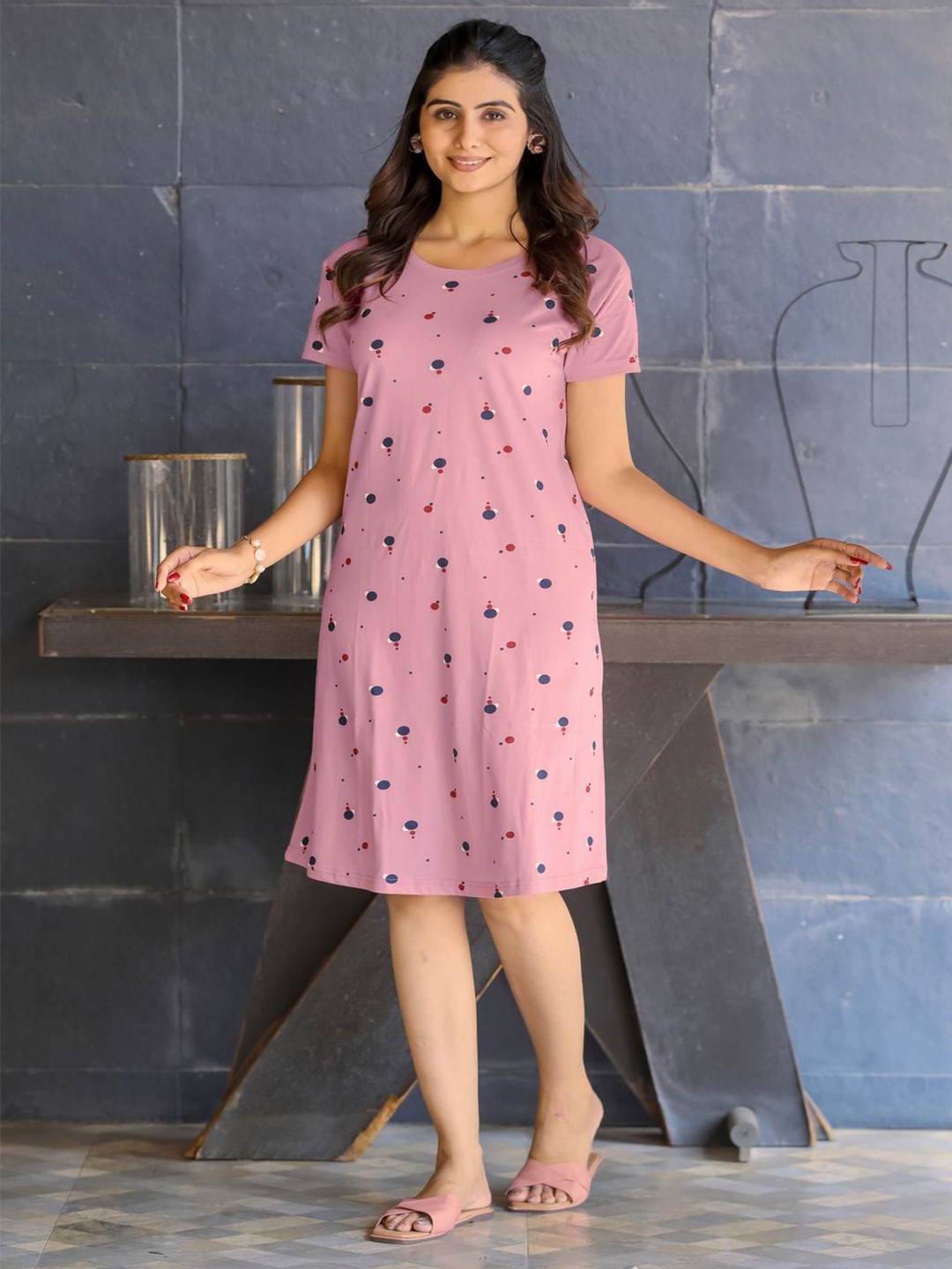 

SWEET MOON Geometric Printed Round Neck T-Shirt Nightdress, Pink