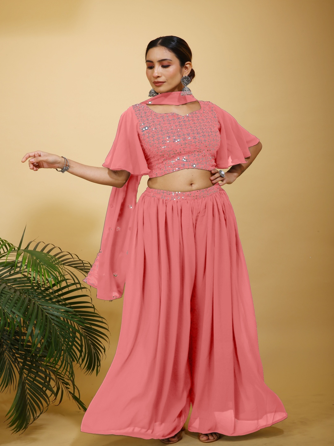 

SANCIA Embroidered Sequins Top With Palazzos And Dupatta, Peach