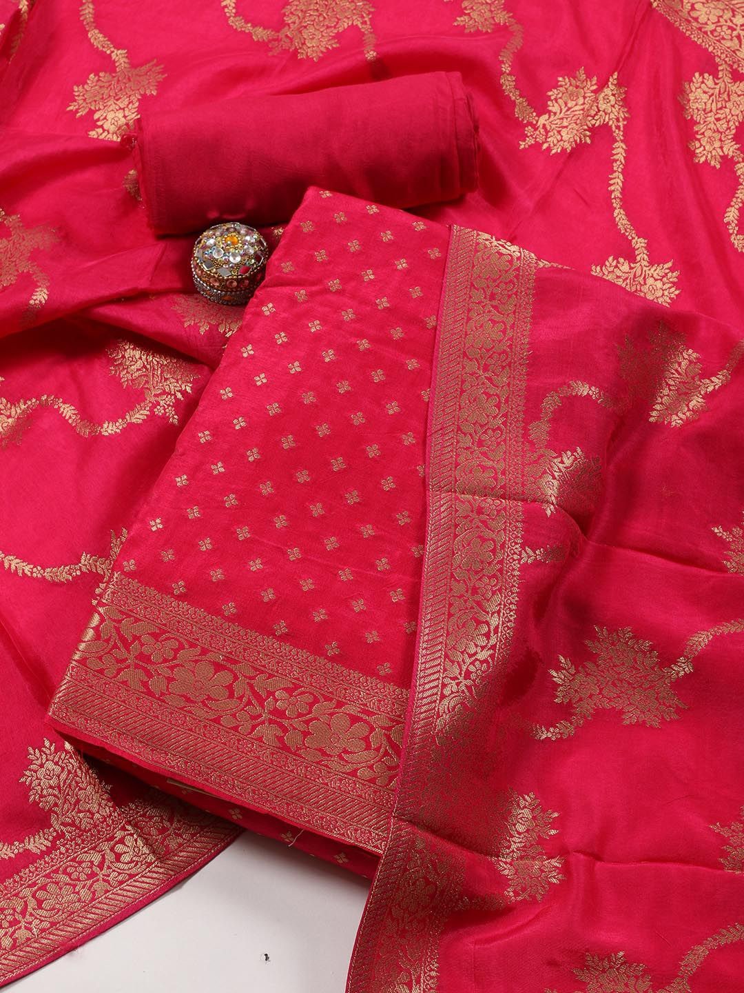 

Meena Bazaar Embroidered Art Silk Unstitched Dress Material, Pink