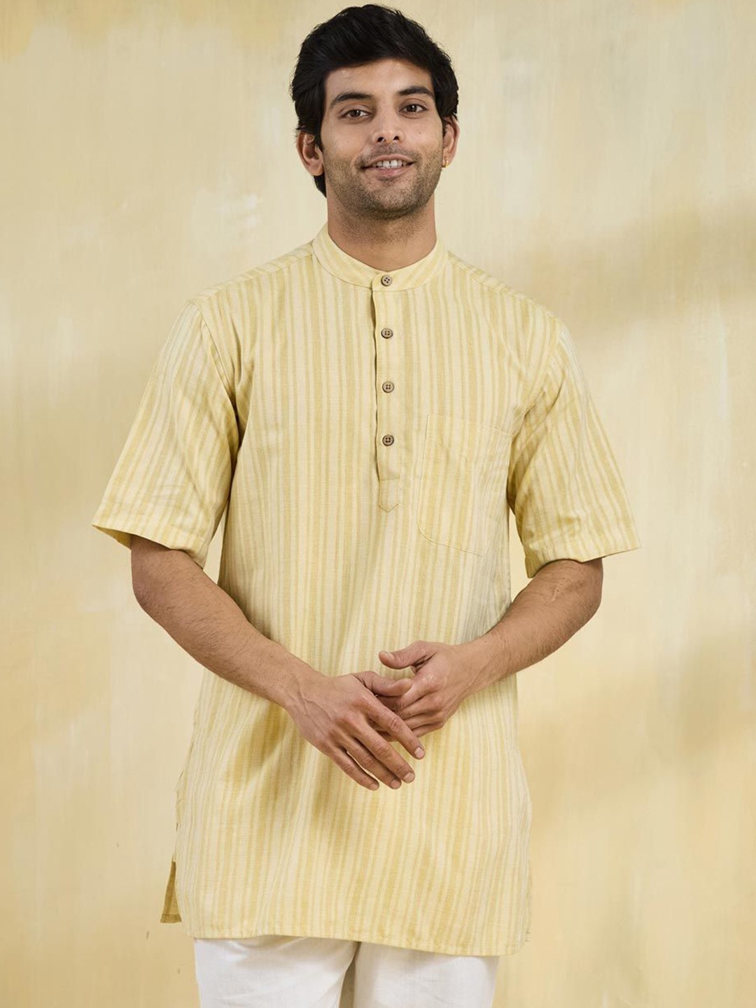 

Fabindia Striped Band Collar Cotton Straight Kurta, Yellow