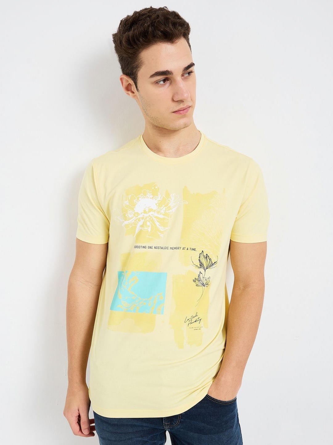 

SPYKAR Men Graphic Printed Round Neck Cotton Slim Fit T-shirt, Yellow