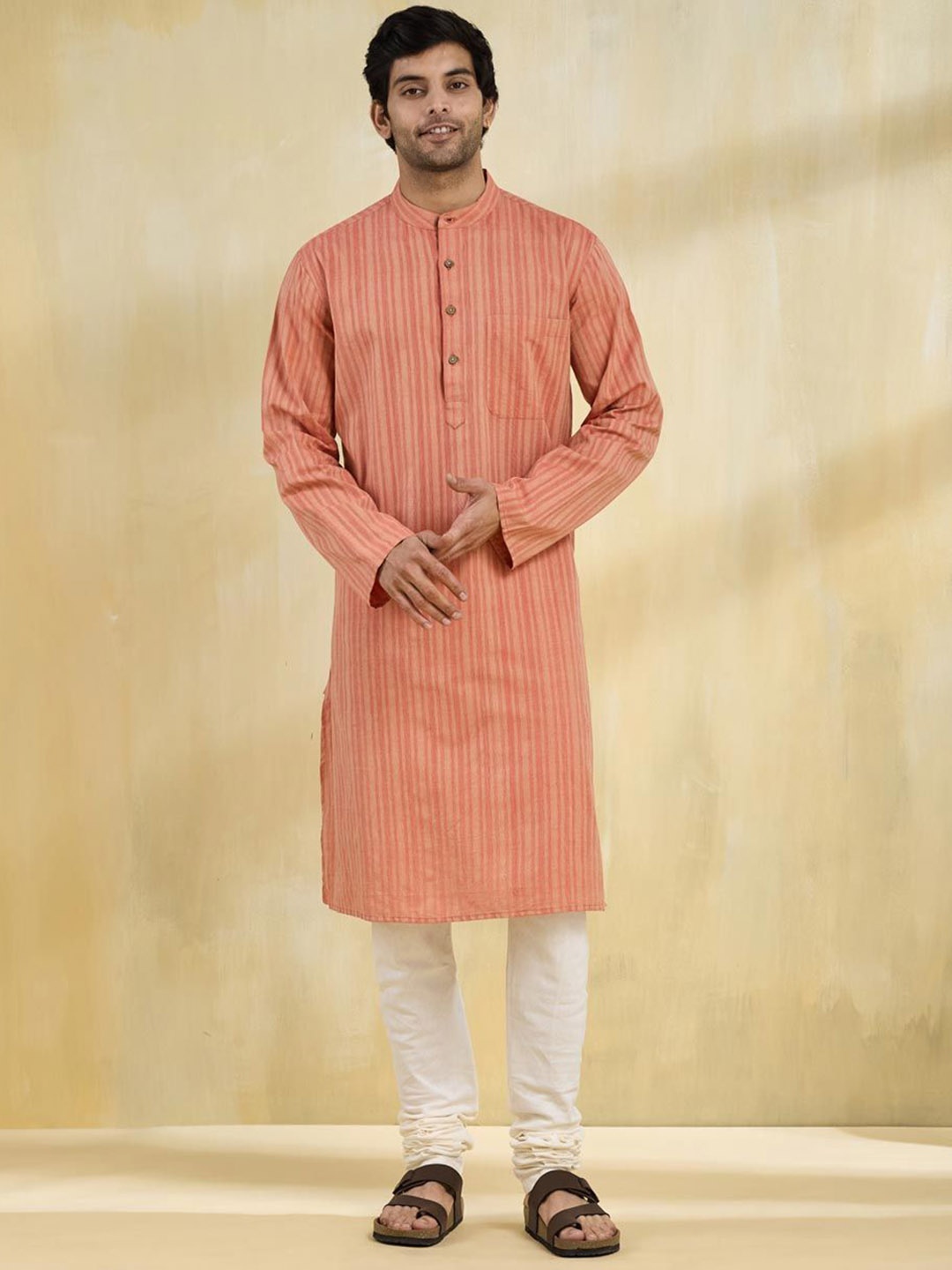 

Fabindia Men Striped Band Collar Cotton Straight Kurta, Red