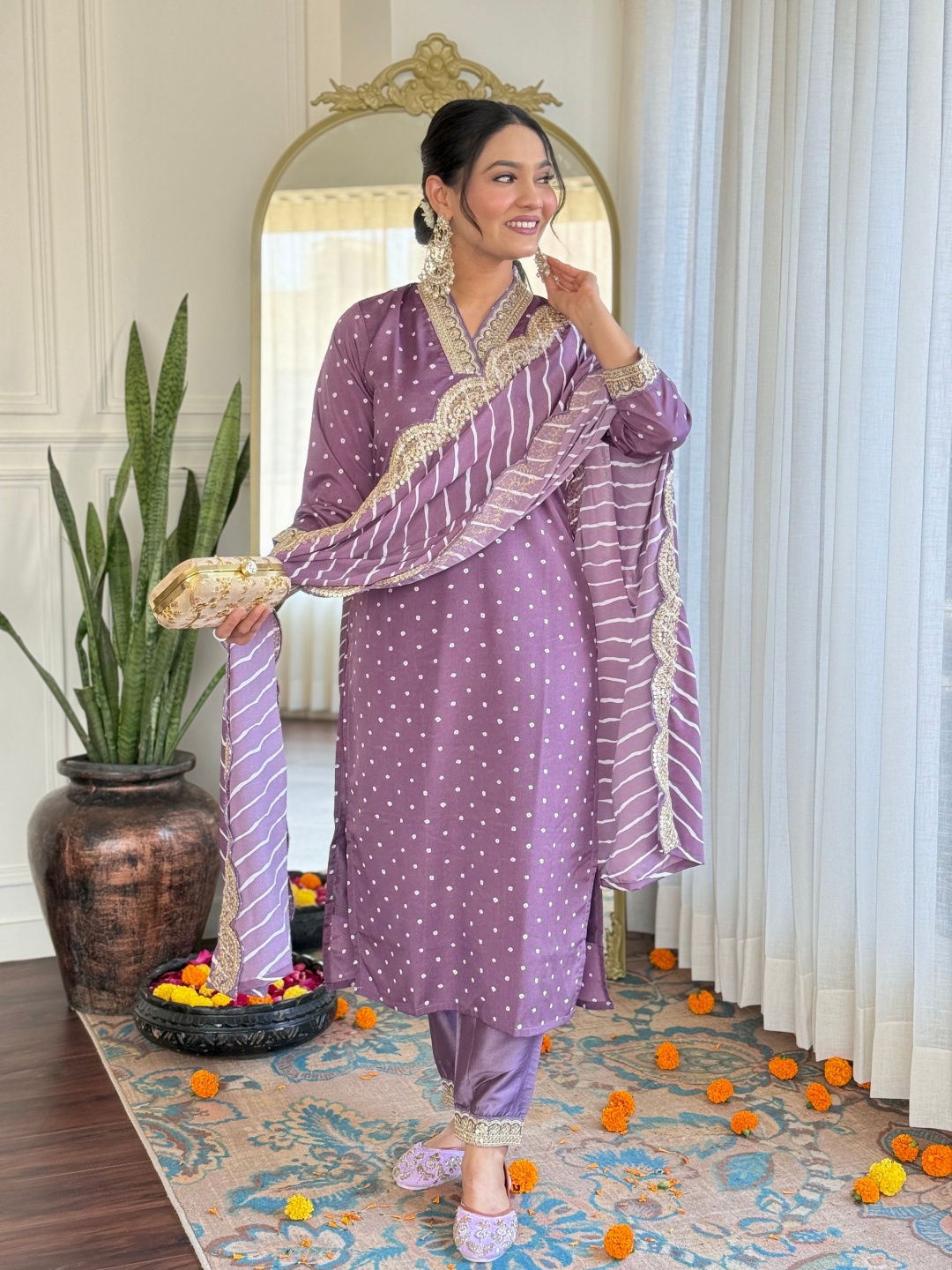 

KALINI Women Bandhani Embroidered Empire Thread Work Kurta with Trousers & With Dupatta, Mauve