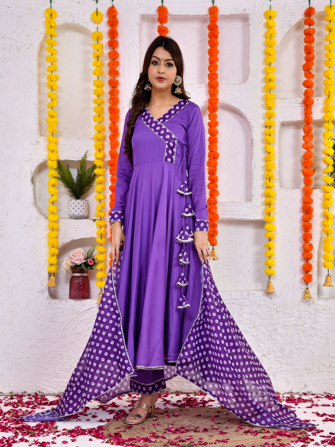 

DRESENCE V-Neck Angrakha Anarkali Kurta With Trouser And Dupatta, Purple