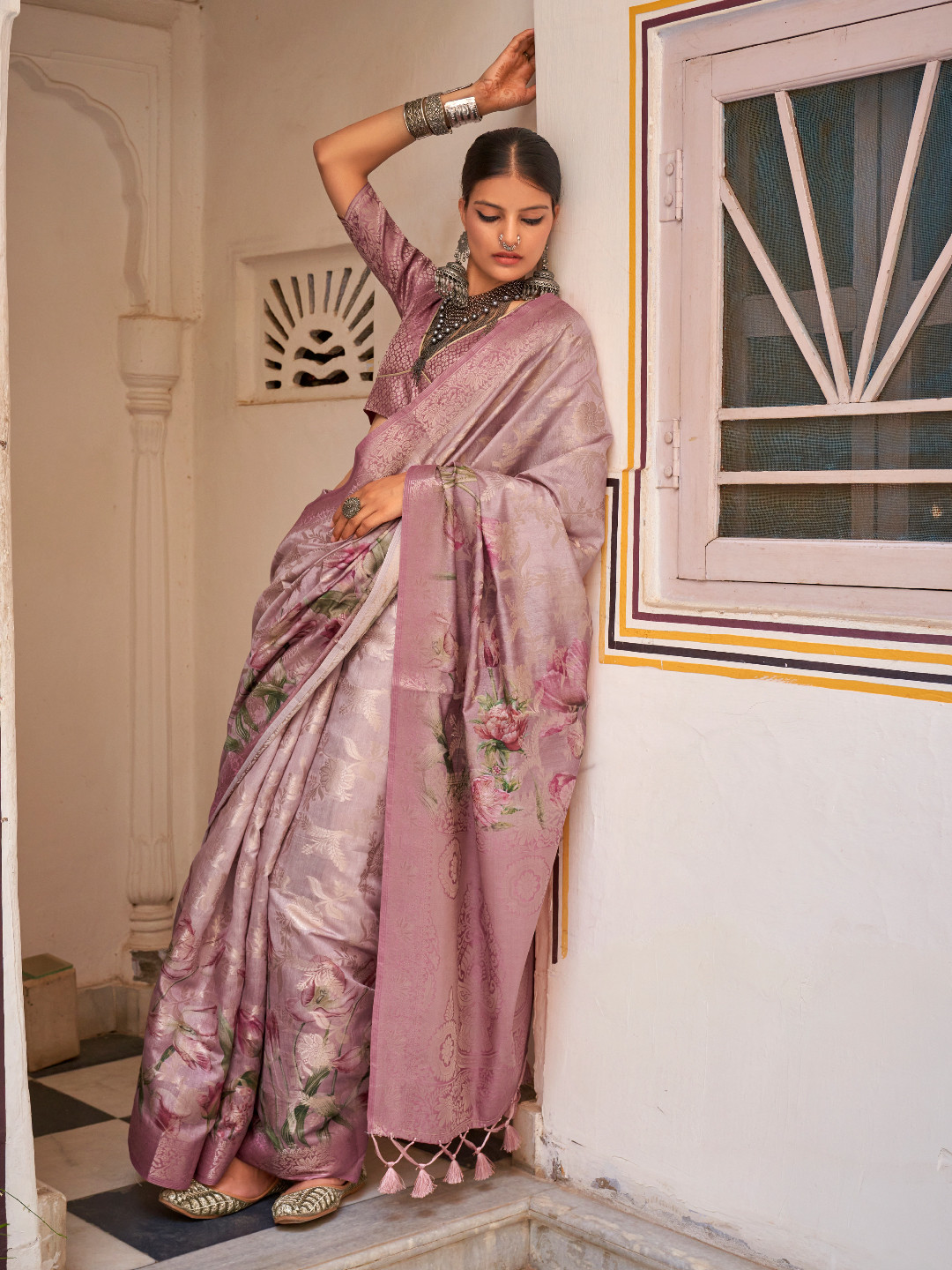 

Panzora Floral Printed Zari Saree, Rose