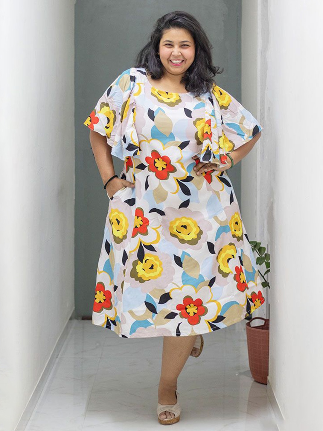 

Kmistry Floral Print Bell Sleeve A-Line Midi Dress, White