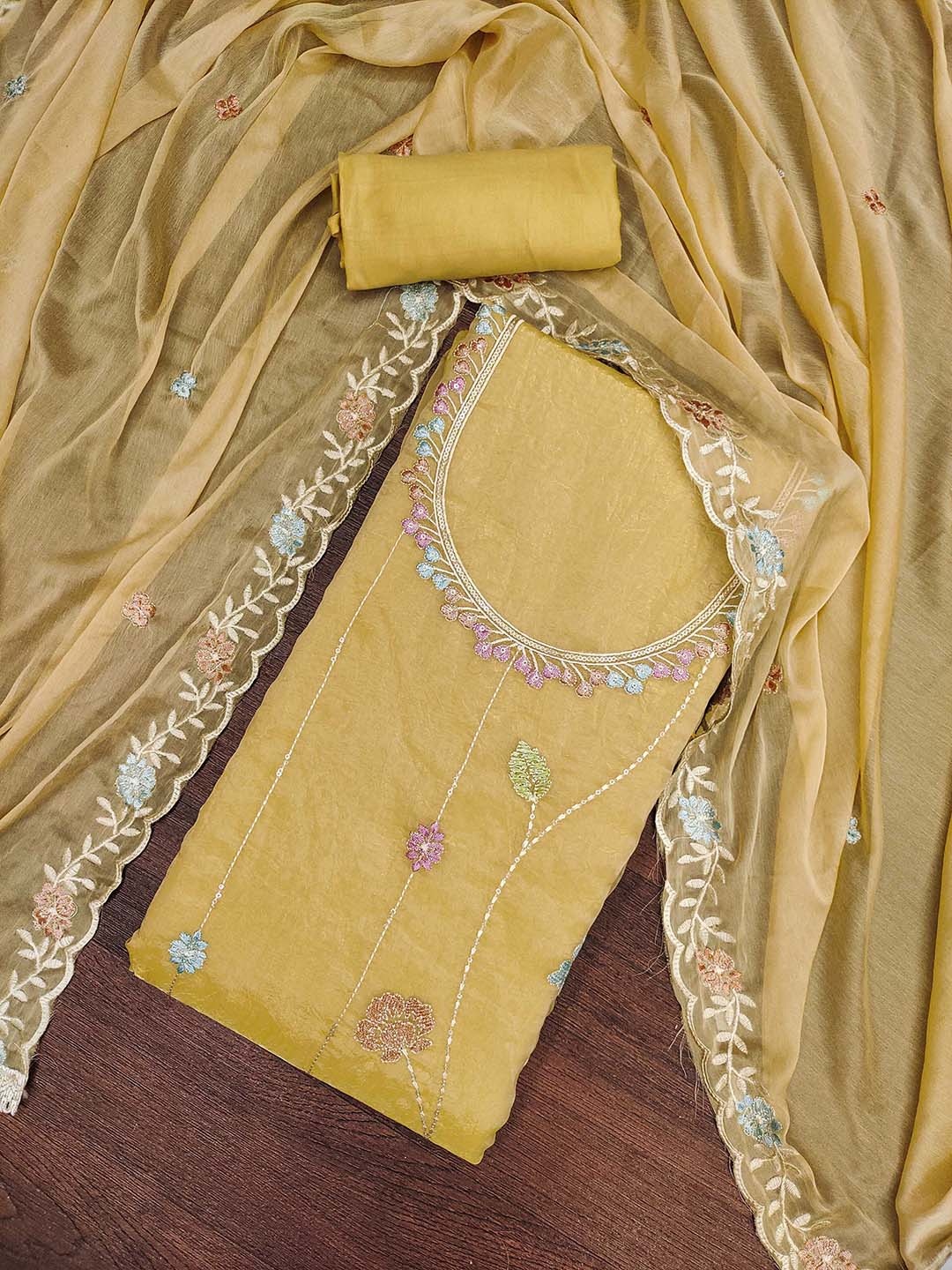 

KALINI Embroidered Pure Silk Unstitched Dress Material, Beige