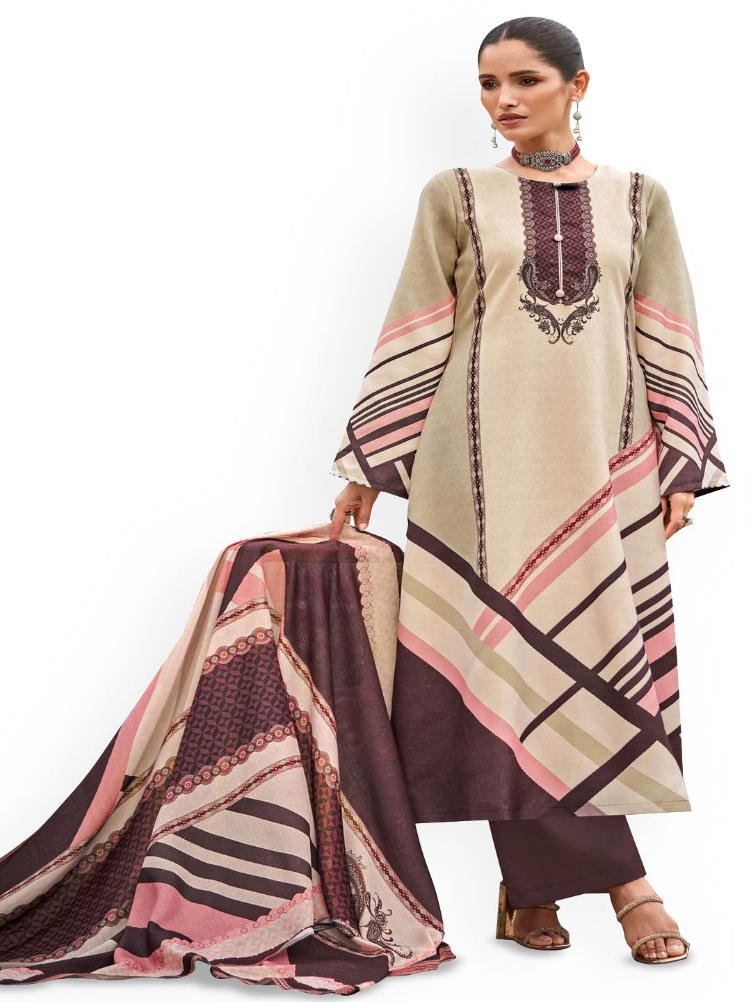 

DRAVINAM Trends Geometric Printed Pashmina Unstitched Dress Material, Beige