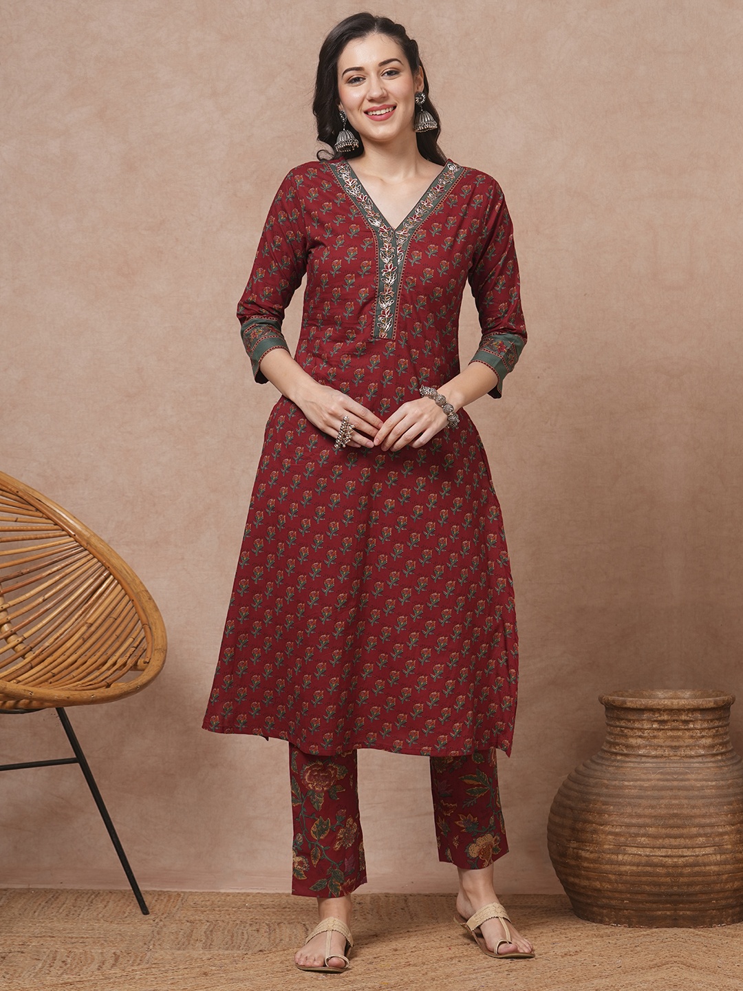 

FASHOR Women Ethnic Motifs Printed Regular Pure Cotton Kurta with Trousers, Rust