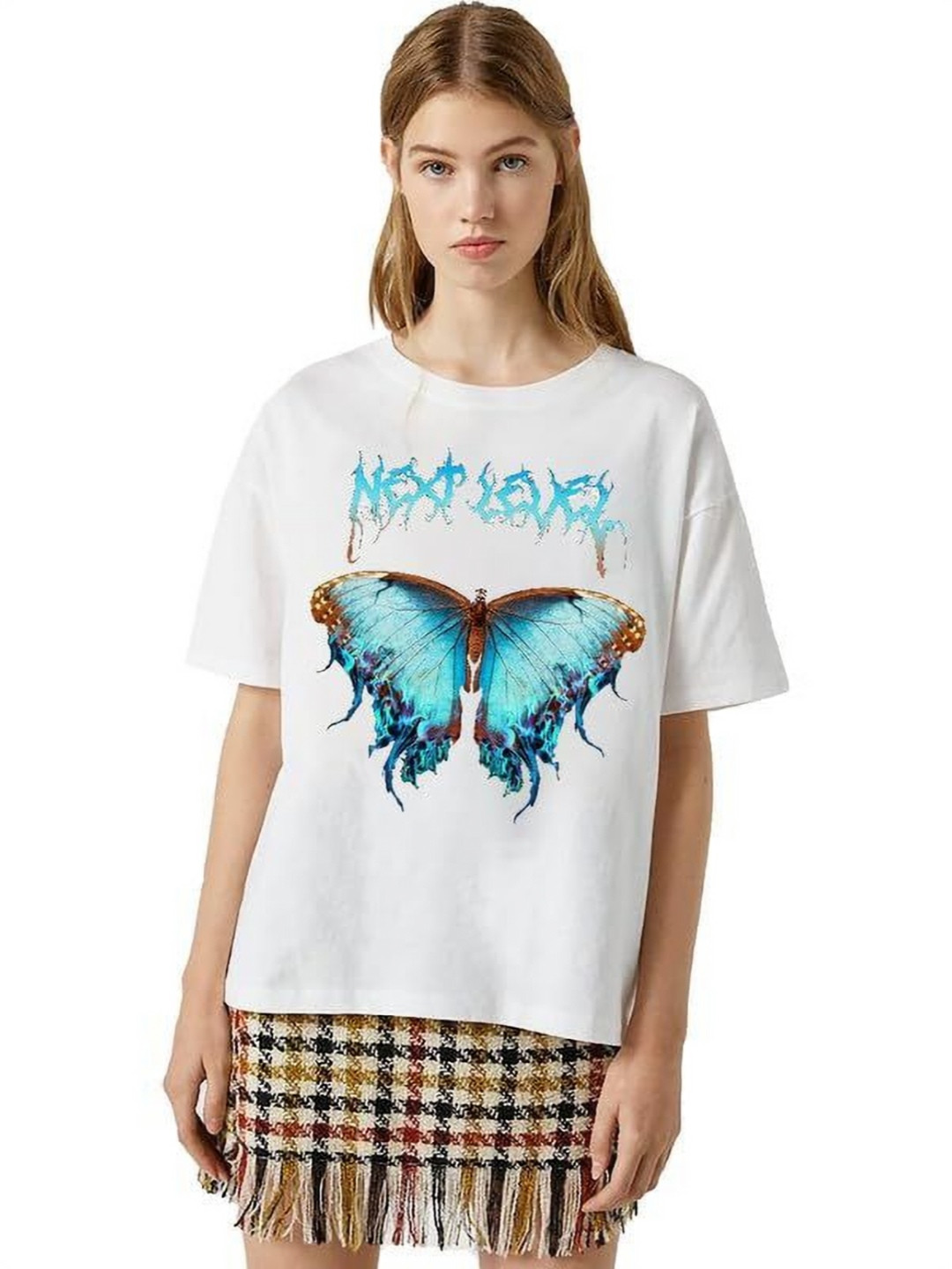 

VLAM Women Printed Extended Sleeves Raw Edge T-shirt, White