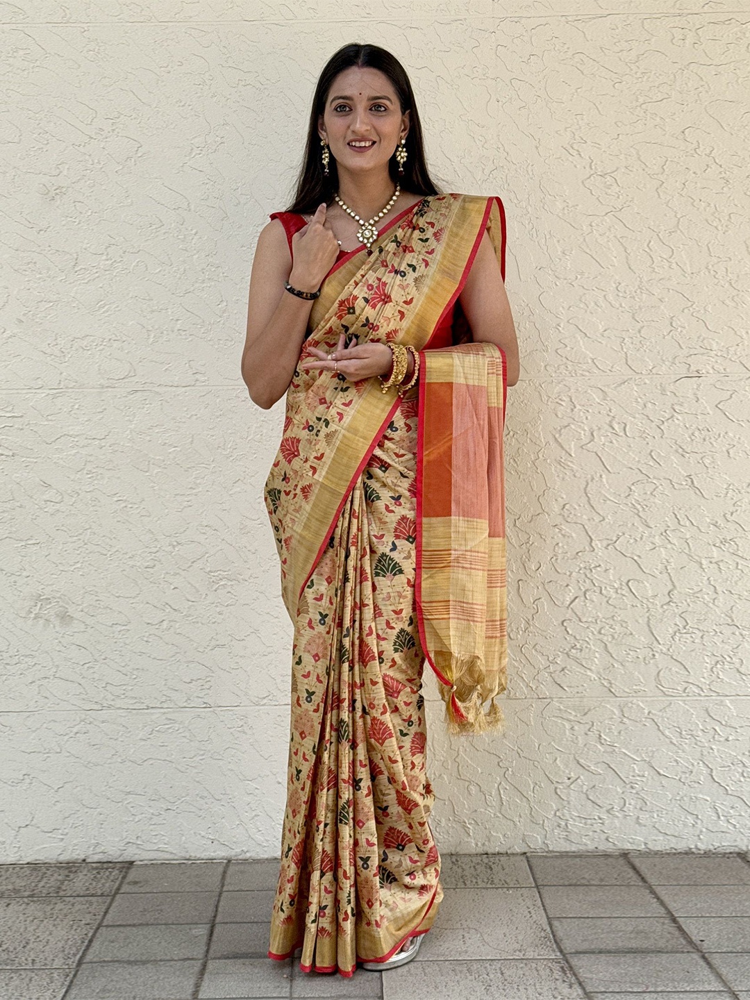 

LADY SHOPI Floral Silk Cotton Chanderi Saree, Cream