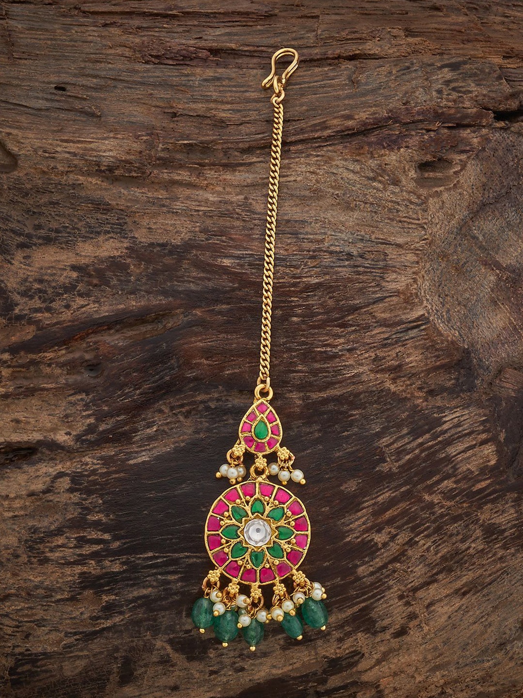 

Kushal's Fashion Jewellery Ruby-Green Gold-Plated Antique Maang Tikka Head Jewellery