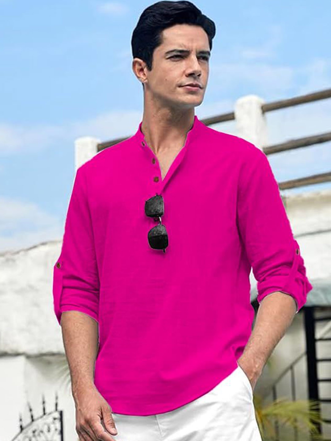 

Vida Loca Band Collar Cotton Straight Slim Fit Short Kurta, Pink