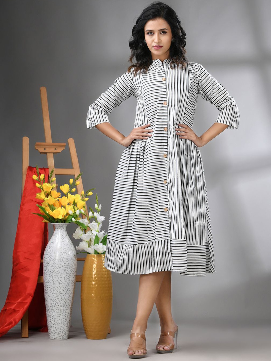 

Charukriti Striped Cotton Midi Dress, White