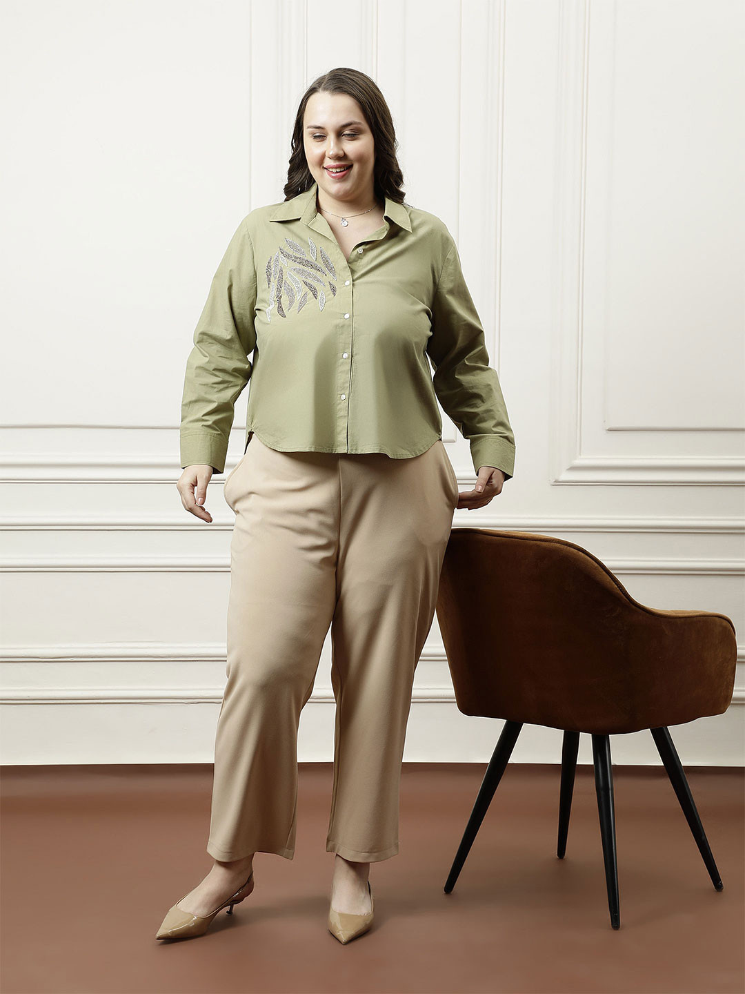 

Athena Ample Women Relaxed Opaque Party Shirt, Olive