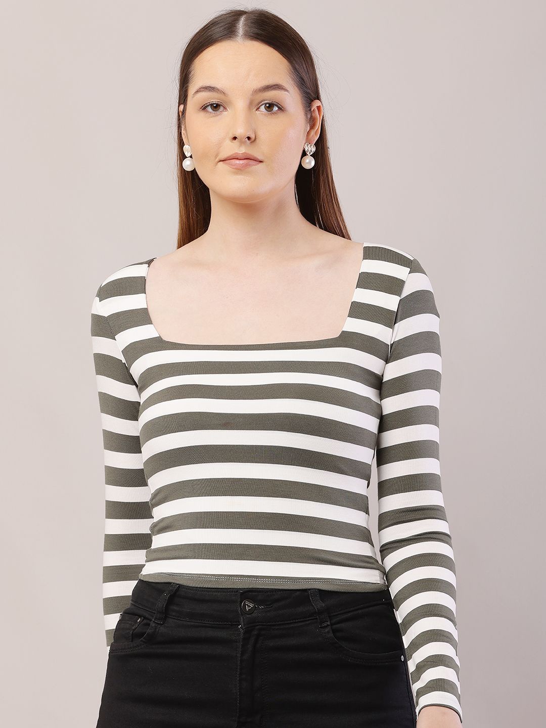 

NoBarr Women Horizontal Stripes Striped Fitted Crop Top, Grey