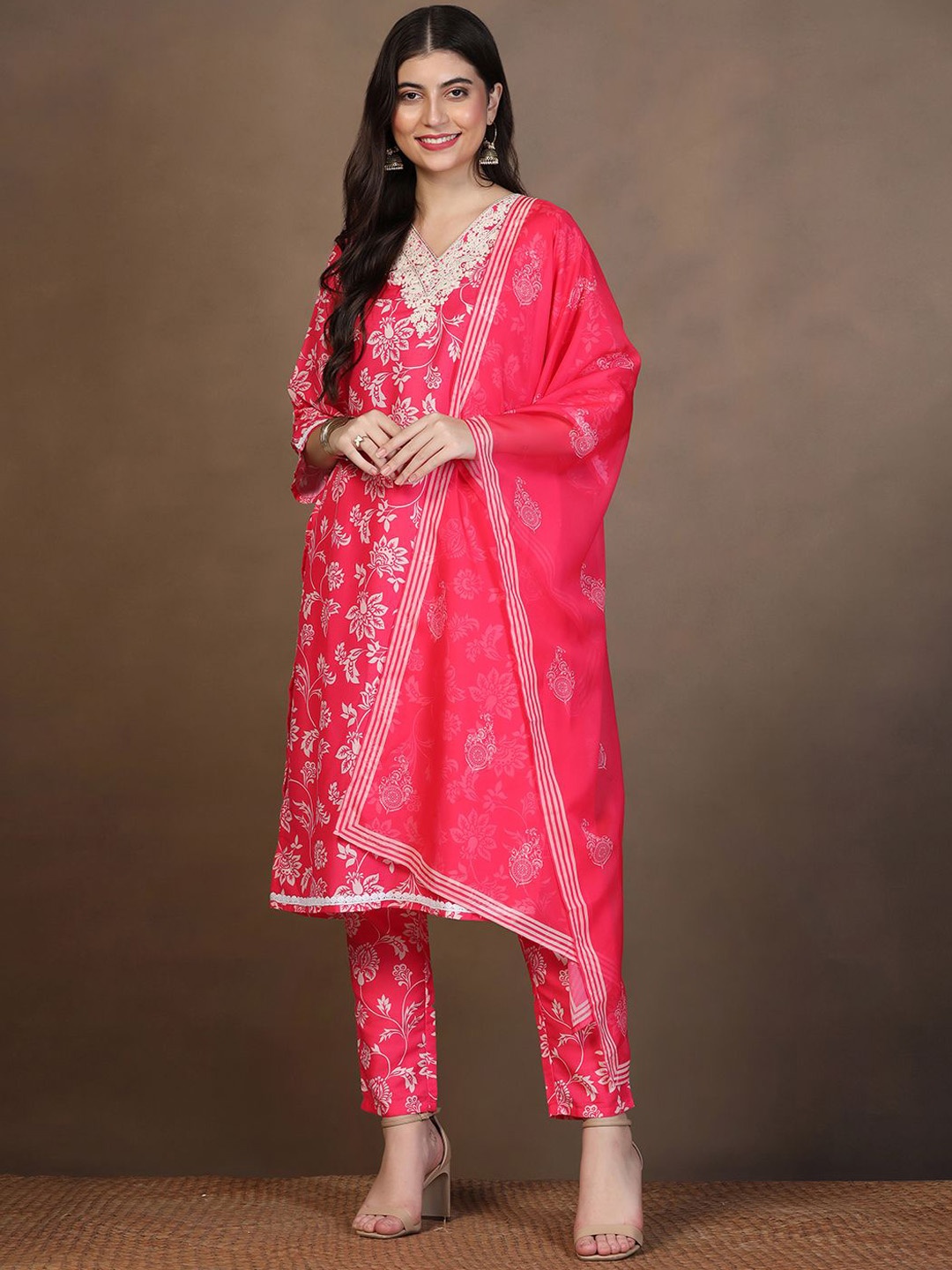 

Moda Rapido Pink Floral Printed V-Neck Embroidered Straight Kurta With Trouser & Dupatta