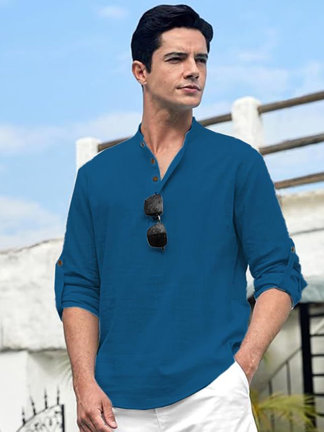 

Vida Loca Band Collar Cotton Straight Slim Fit Short Kurta, Blue