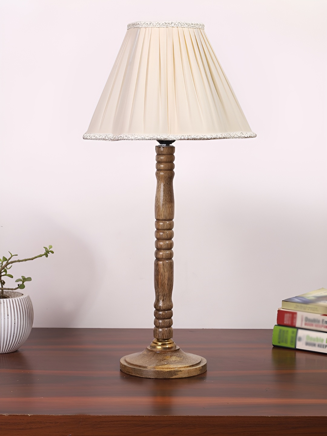 

Devansh Off White and Brown Textured Wooden Frusturical Shaped Table Lamp