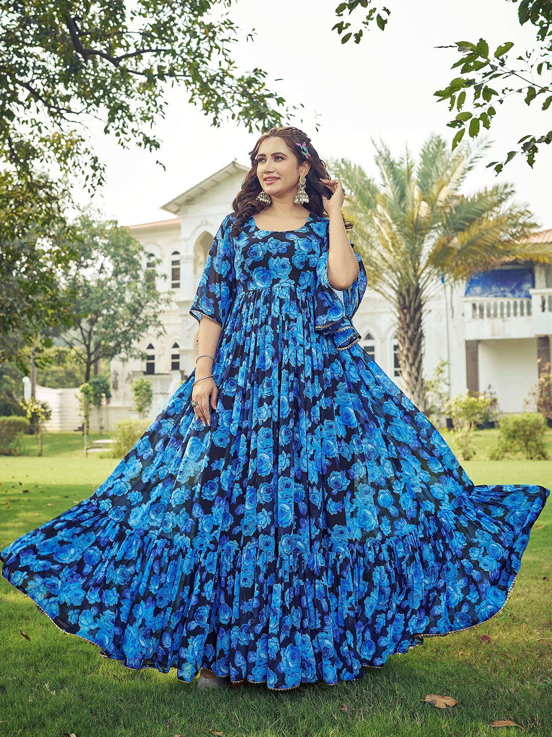 

CHANSI Floral Print Bell Sleeve Georgette Fit & Flare Maxi Dress, Blue